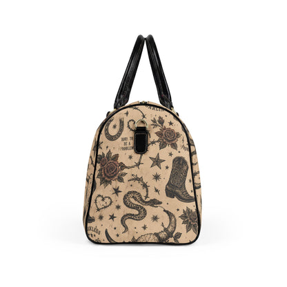 Golden Hour Travel Bag – Tattoo-Style Cowboy Boot & Snake Weekender
