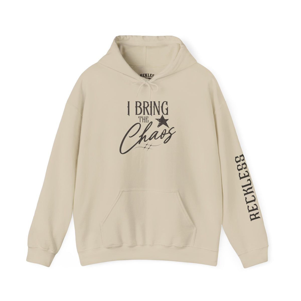 Chaos Hoodie - "I Bring The Chaos" Graphic Hooded Sweatshirt with Sleeve Text