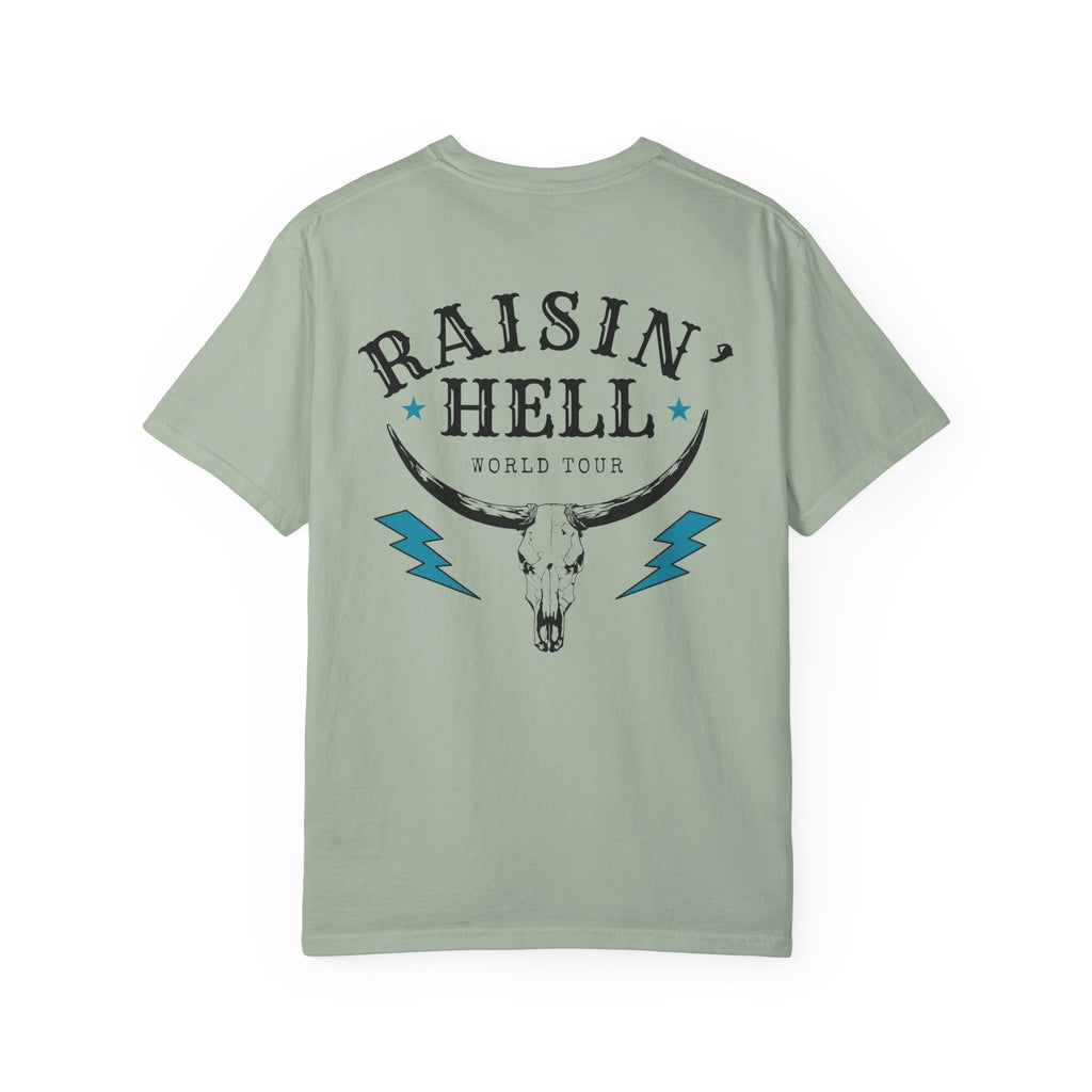 Raisin' Hell Skull Tee — Vintage Western Bull Skull T-Shirt (Front/Back)