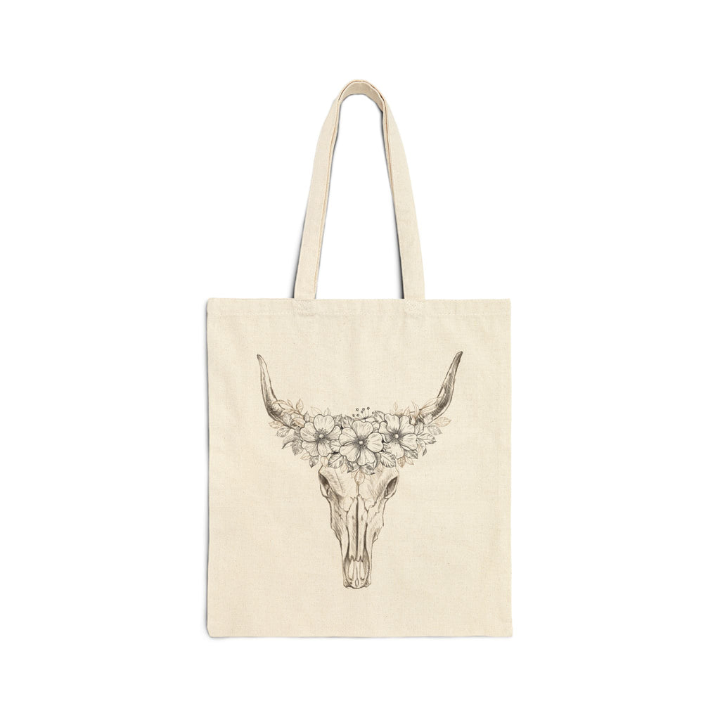 Floral Bull Skull Tote — "Reckless Darling" Cotton Canvas Bag