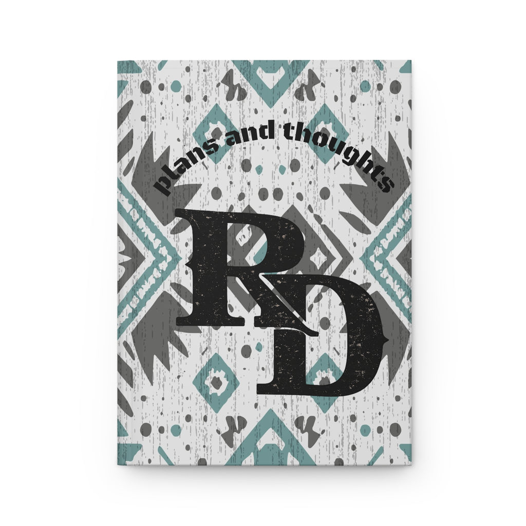 Hardcover Journal — 'Plans and Thoughts' Monogram Notebook with Teal Aztec Pattern