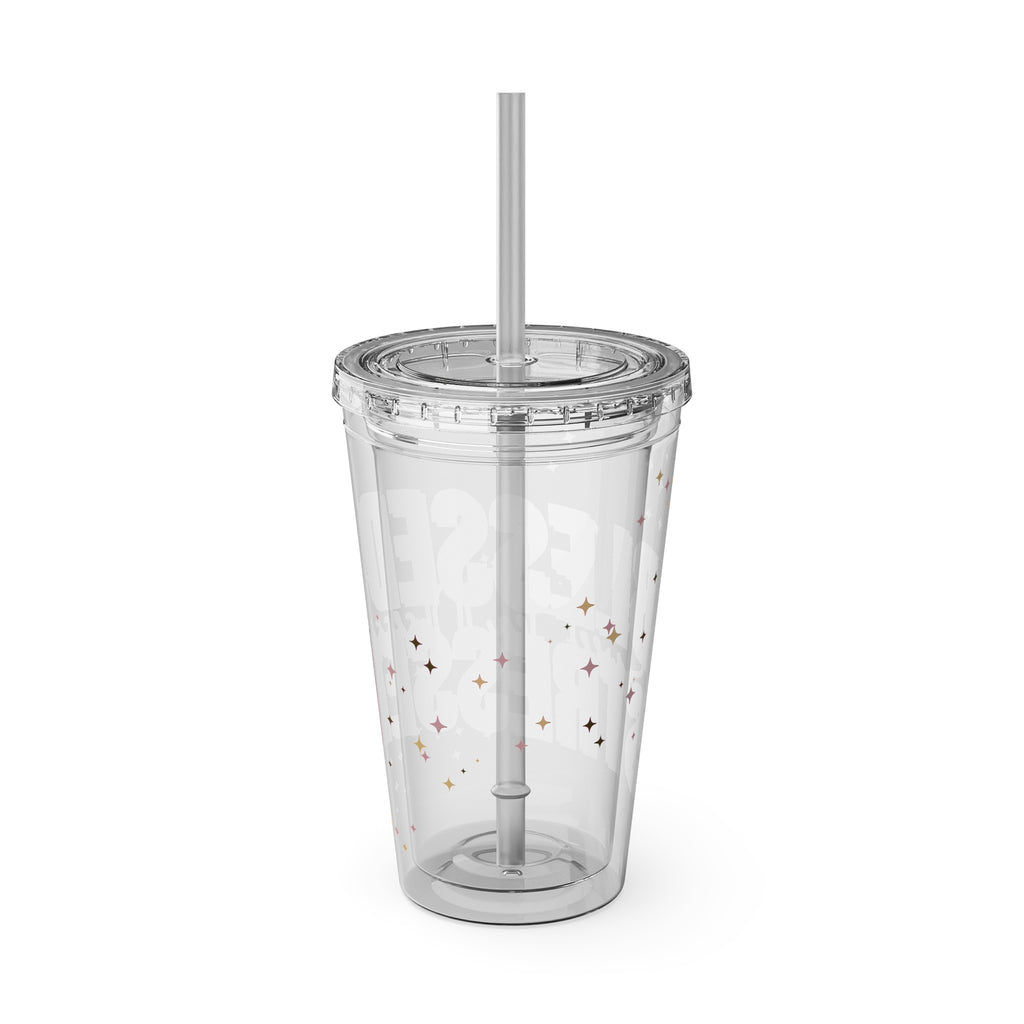 Blessed & Stressed 16oz Tumbler with Straw – Clear Pink Script, Motivational Travel Cup