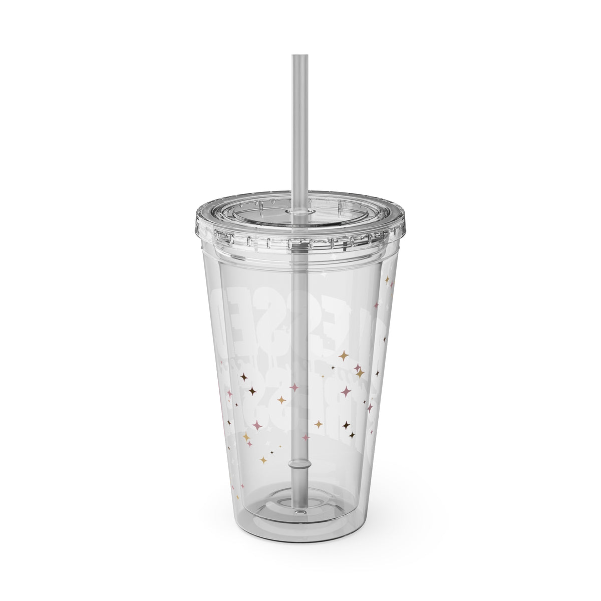 Blessed & Stressed 16oz Tumbler with Straw – Clear Pink Script, Motivational Travel Cup