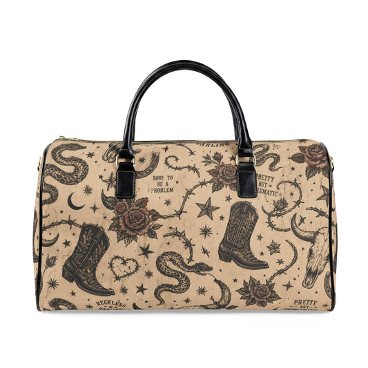 Golden Hour Travel Bag – Tattoo-Style Cowboy Boot & Snake Weekender