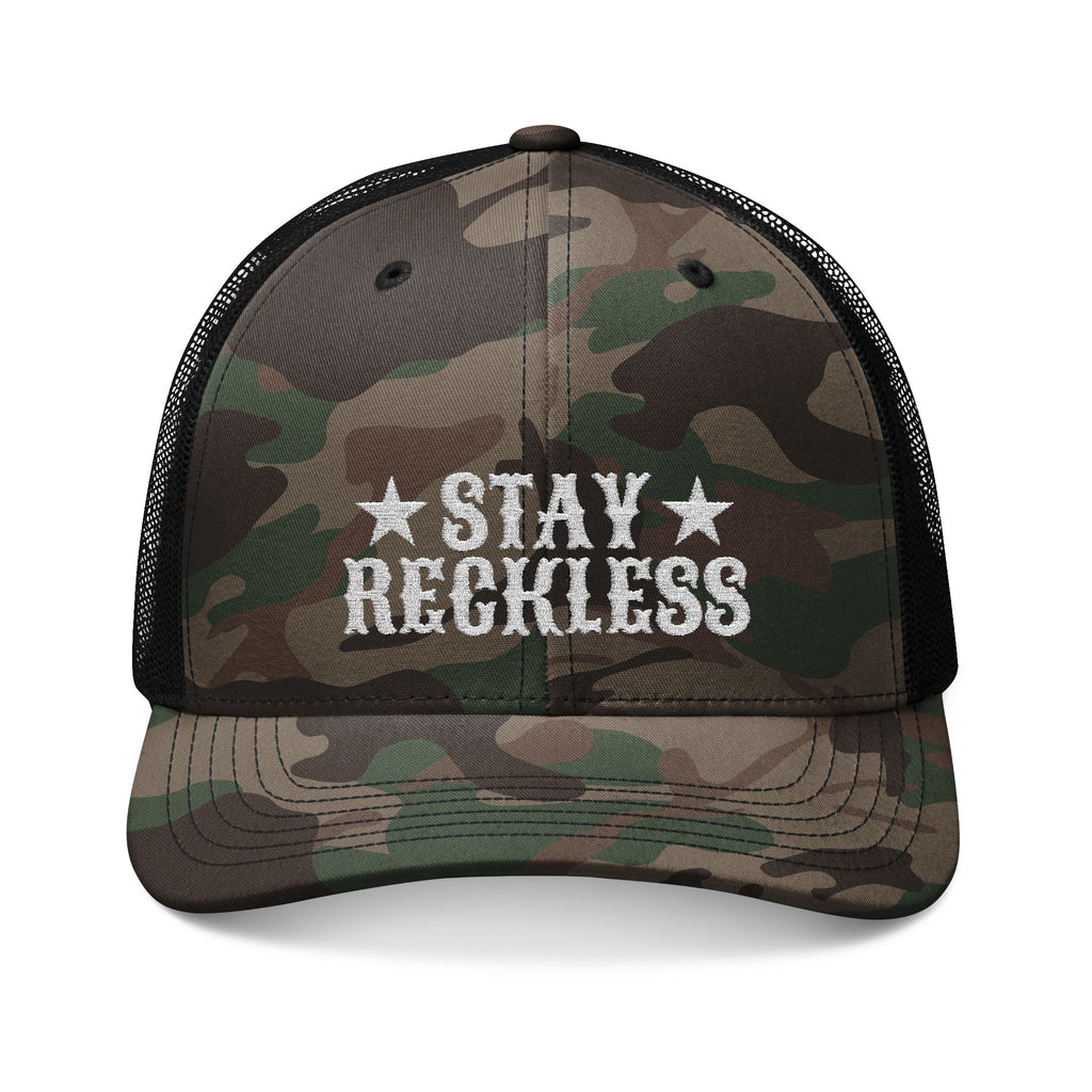 Camouflage Trucker Hat – Embroidered “Stay Reckless” Military Camo Cap
