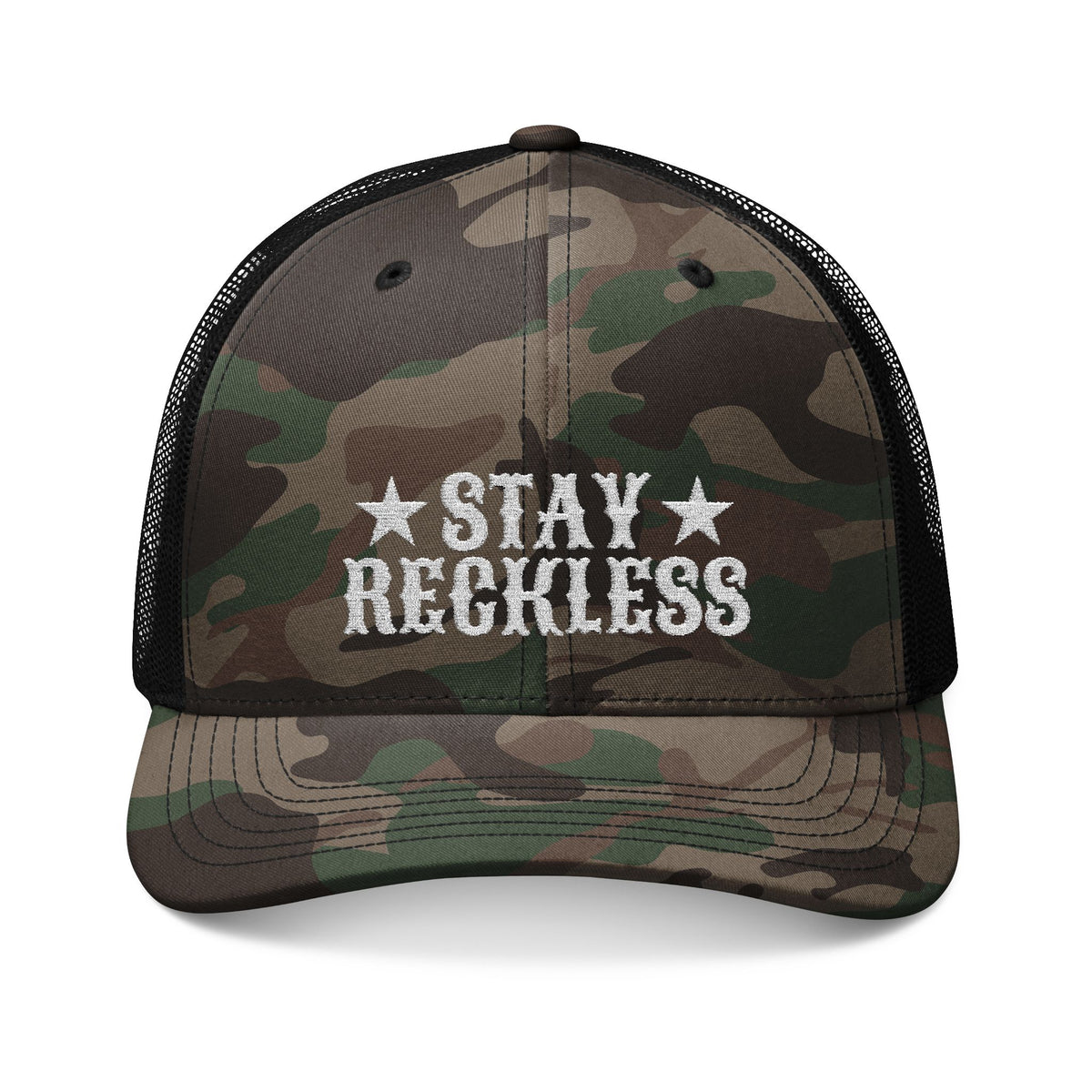 Camouflage Trucker Hat – Embroidered “Stay Reckless” Military Camo Cap