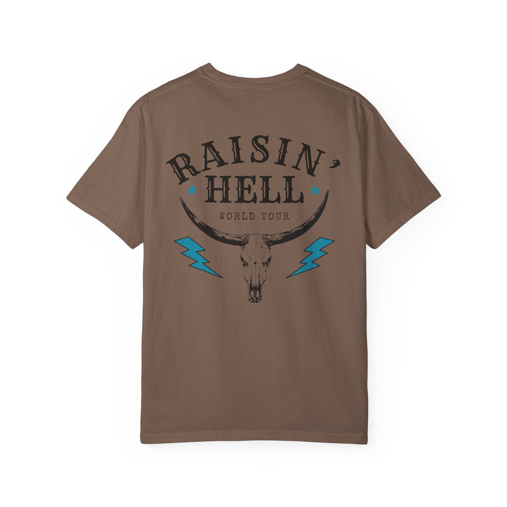 Raisin' Hell Skull Tee — Vintage Western Bull Skull T-Shirt (Front/Back)