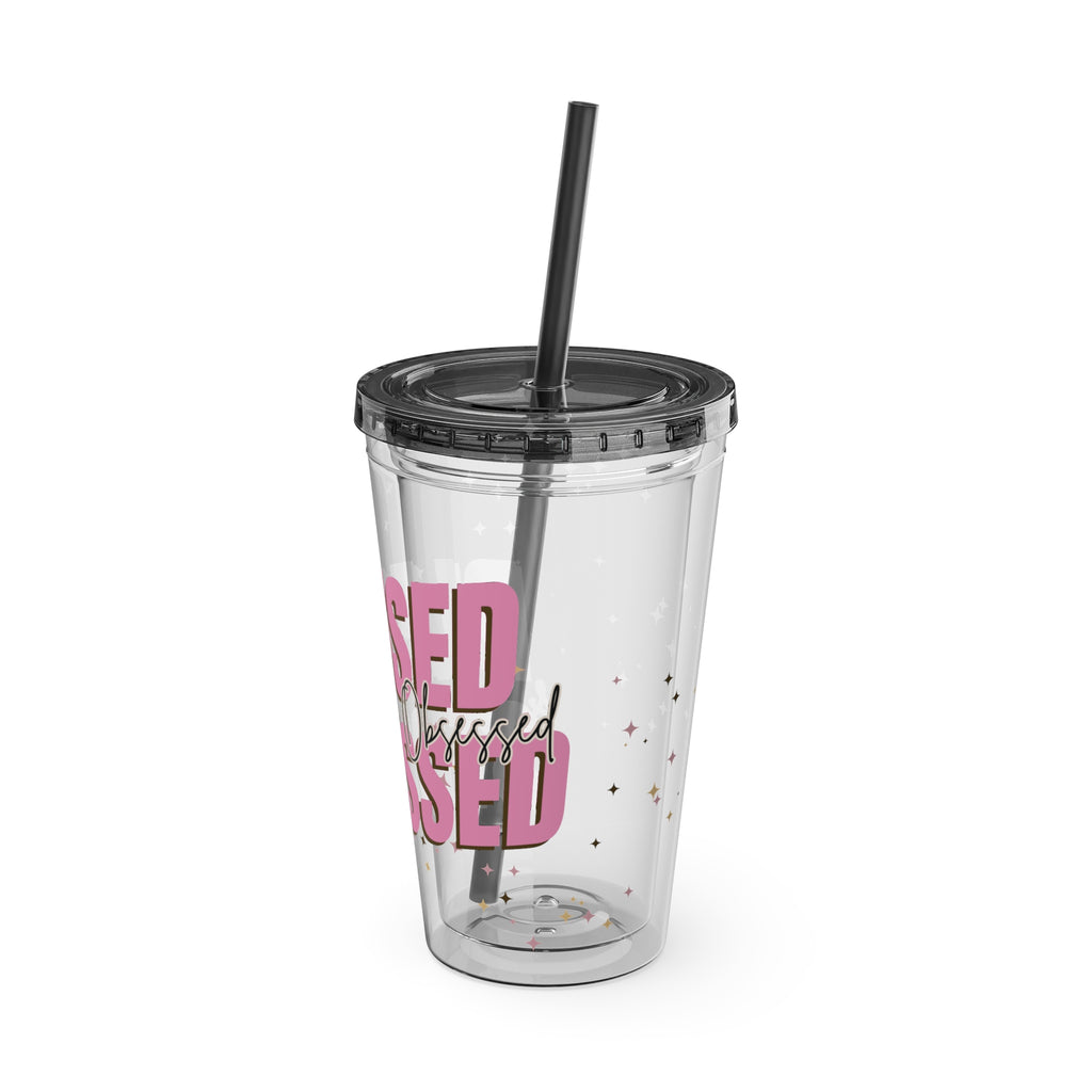 Blessed & Stressed 16oz Tumbler with Straw – Clear Pink Script, Motivational Travel Cup