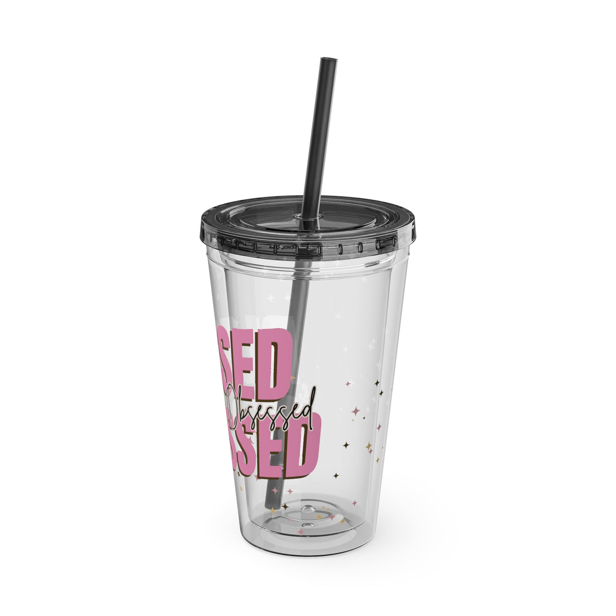 Blessed & Stressed 16oz Tumbler with Straw – Clear Pink Script, Motivational Travel Cup