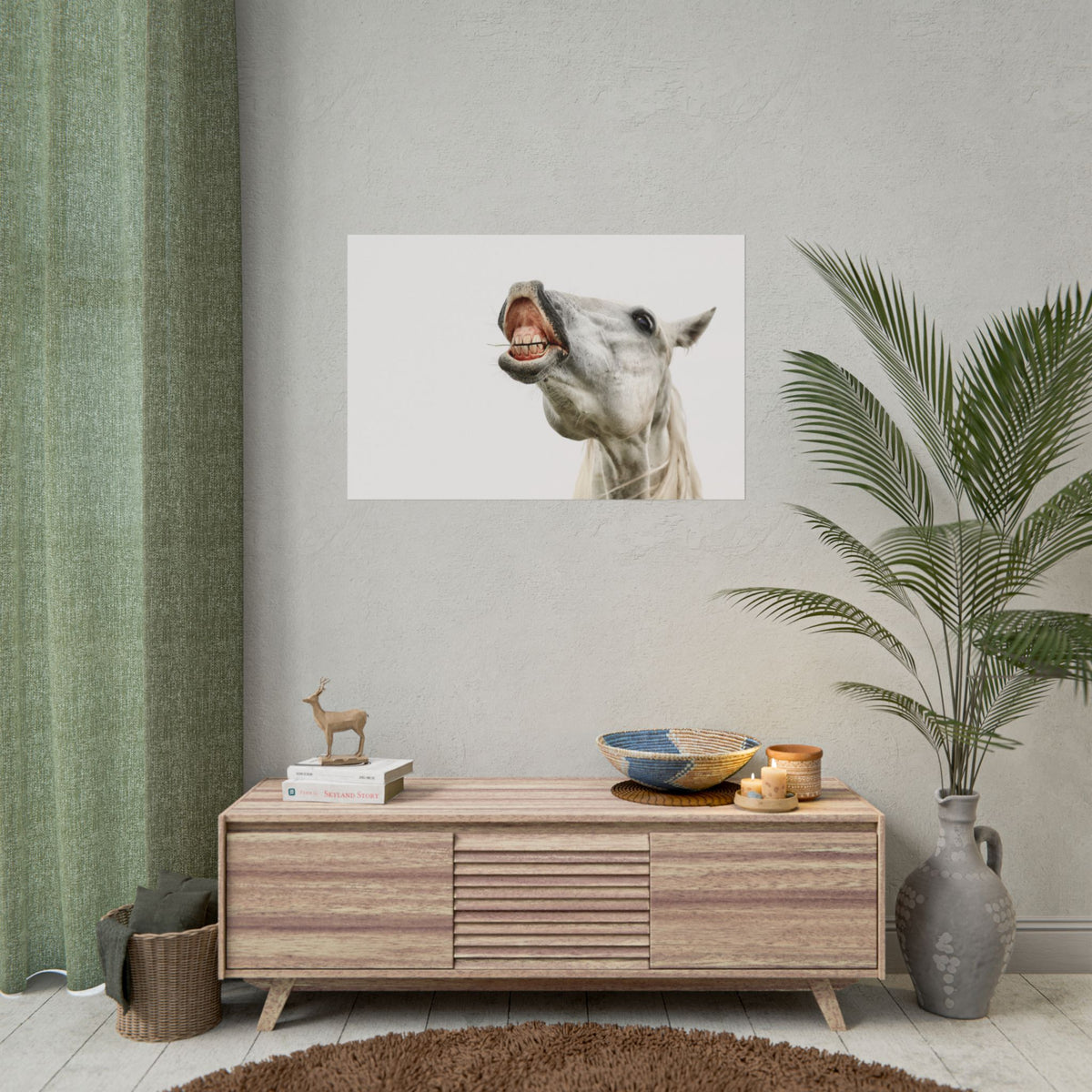 Horse Laugh Poster — Funny White Horse Rolled Art Print for Home & Stable Decor