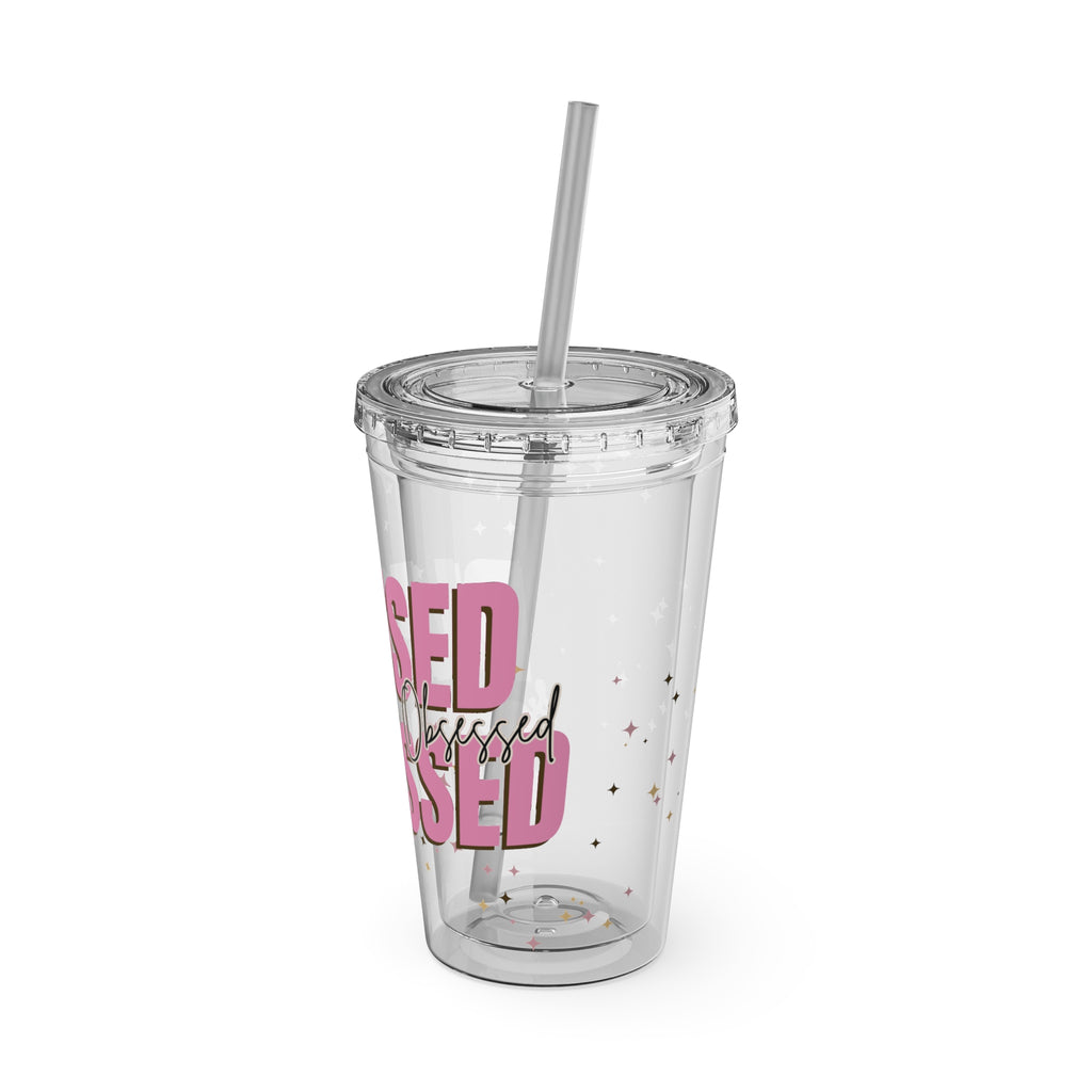 Blessed & Stressed 16oz Tumbler with Straw – Clear Pink Script, Motivational Travel Cup