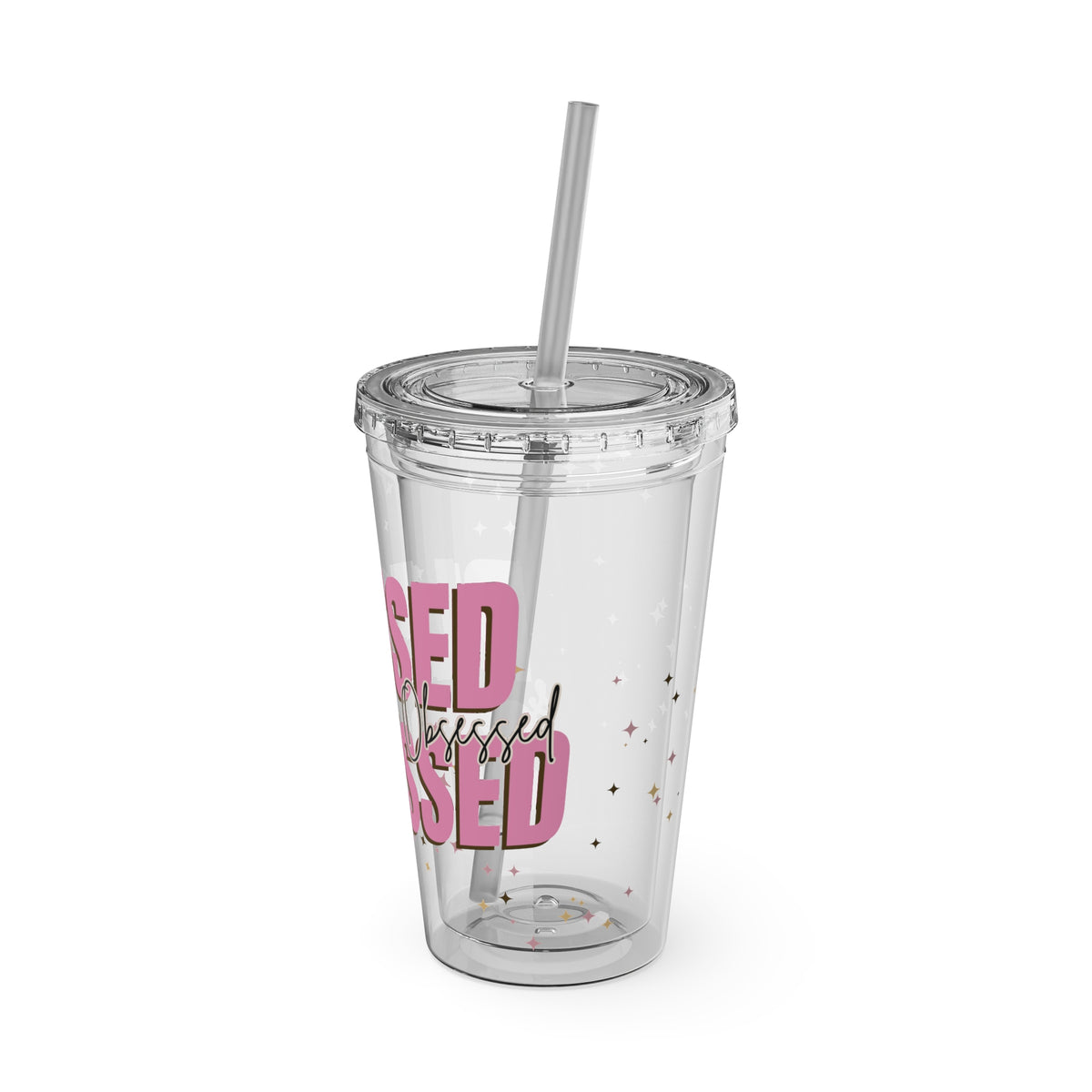 Blessed & Stressed 16oz Tumbler with Straw – Clear Pink Script, Motivational Travel Cup