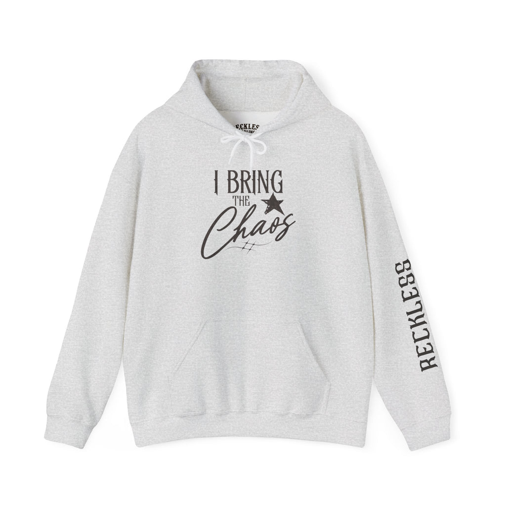 Chaos Hoodie - "I Bring The Chaos" Graphic Hooded Sweatshirt with Sleeve Text