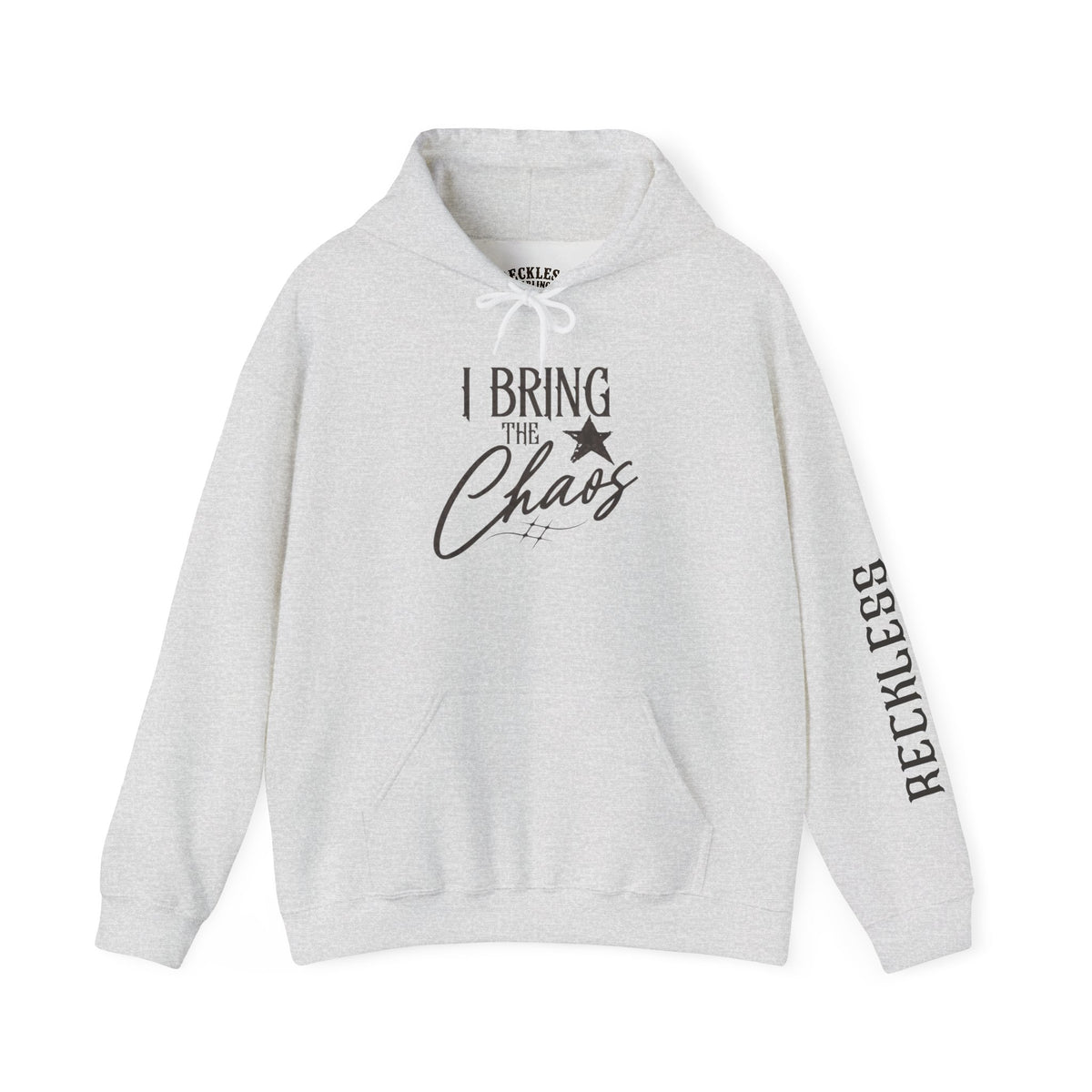 Chaos Hoodie - "I Bring The Chaos" Graphic Hooded Sweatshirt with Sleeve Text