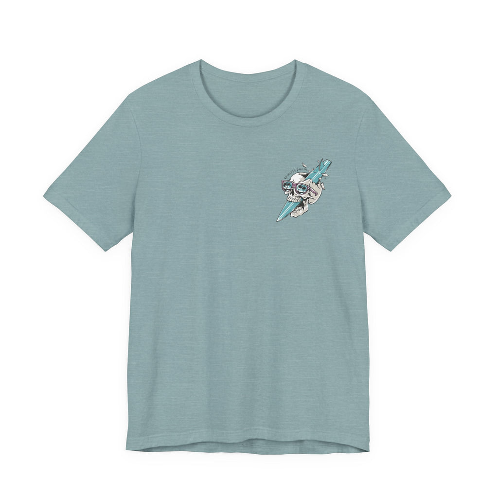 Skull Sunglasses Surfboard Tee — Retro Beach Skull Graphic T‑Shirt