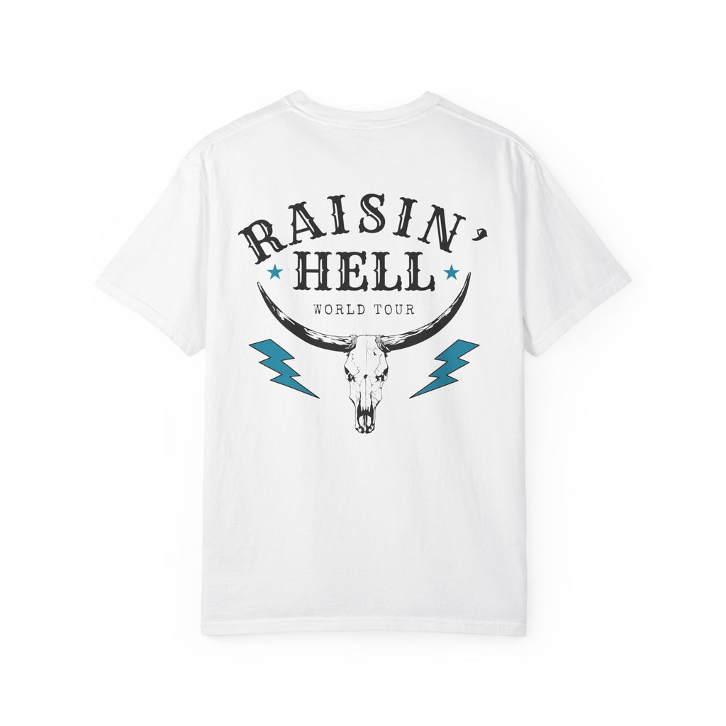 Raisin' Hell Skull Tee — Vintage Western Bull Skull T-Shirt (Front/Back)