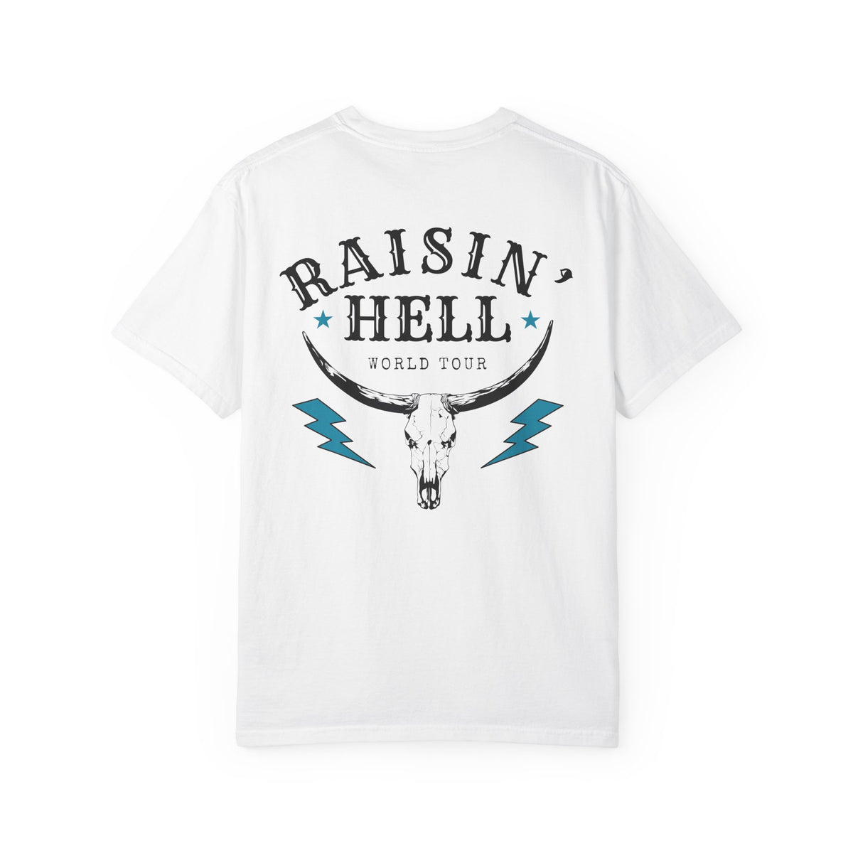 Raisin' Hell Skull Tee — Vintage Western Bull Skull T-Shirt (Front/Back)