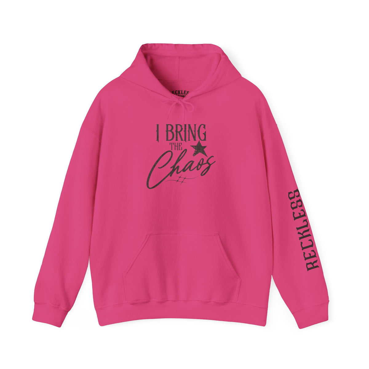 Chaos Hoodie - "I Bring The Chaos" Graphic Hooded Sweatshirt with Sleeve Text