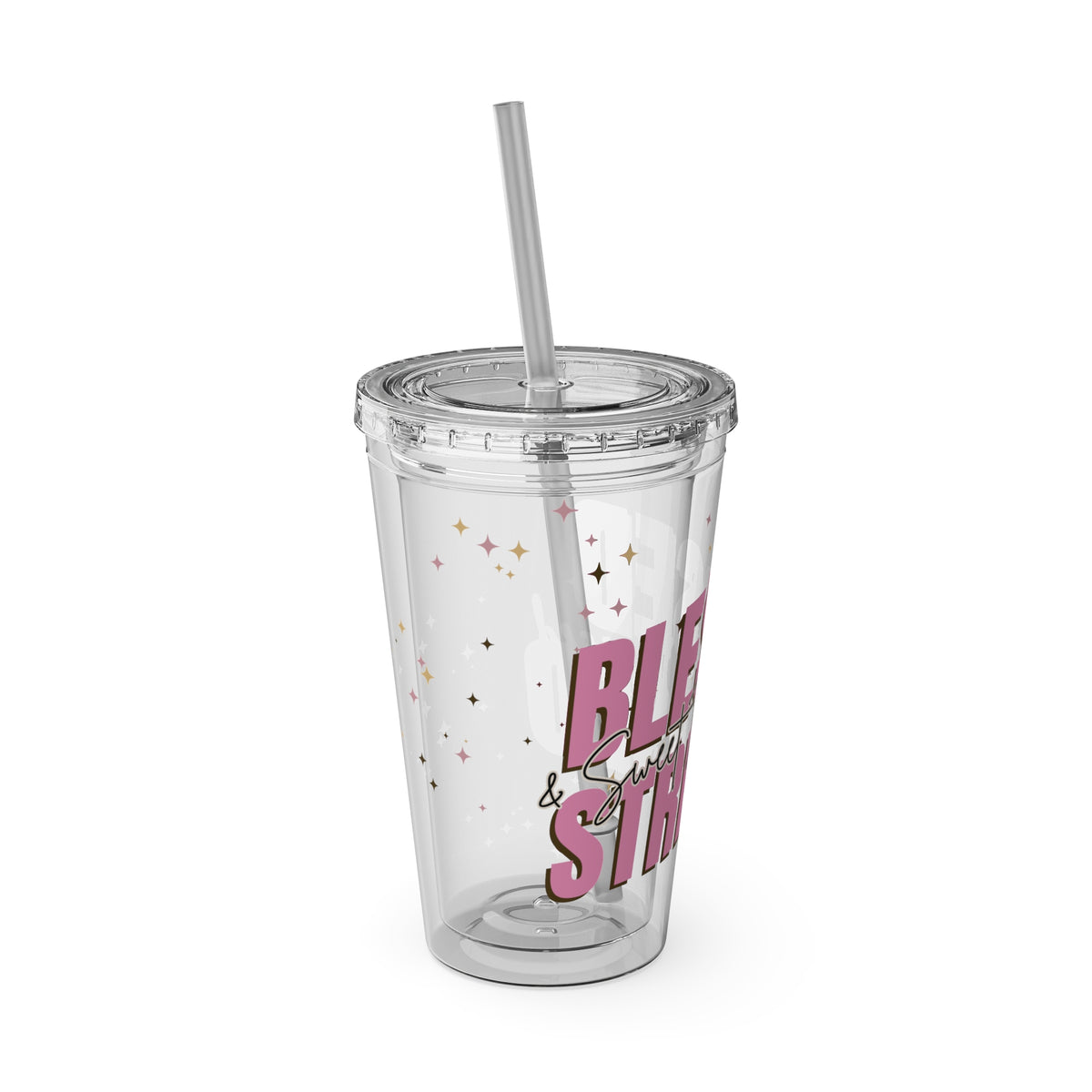 Blessed & Stressed 16oz Tumbler with Straw – Clear Pink Script, Motivational Travel Cup