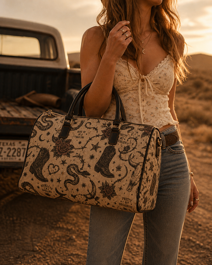 Golden Hour Travel Bag – Tattoo-Style Cowboy Boot & Snake Weekender