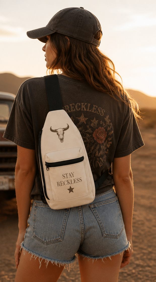 🌾 Stay Reckless Sling Bag – Western Skull Crossbody Bag