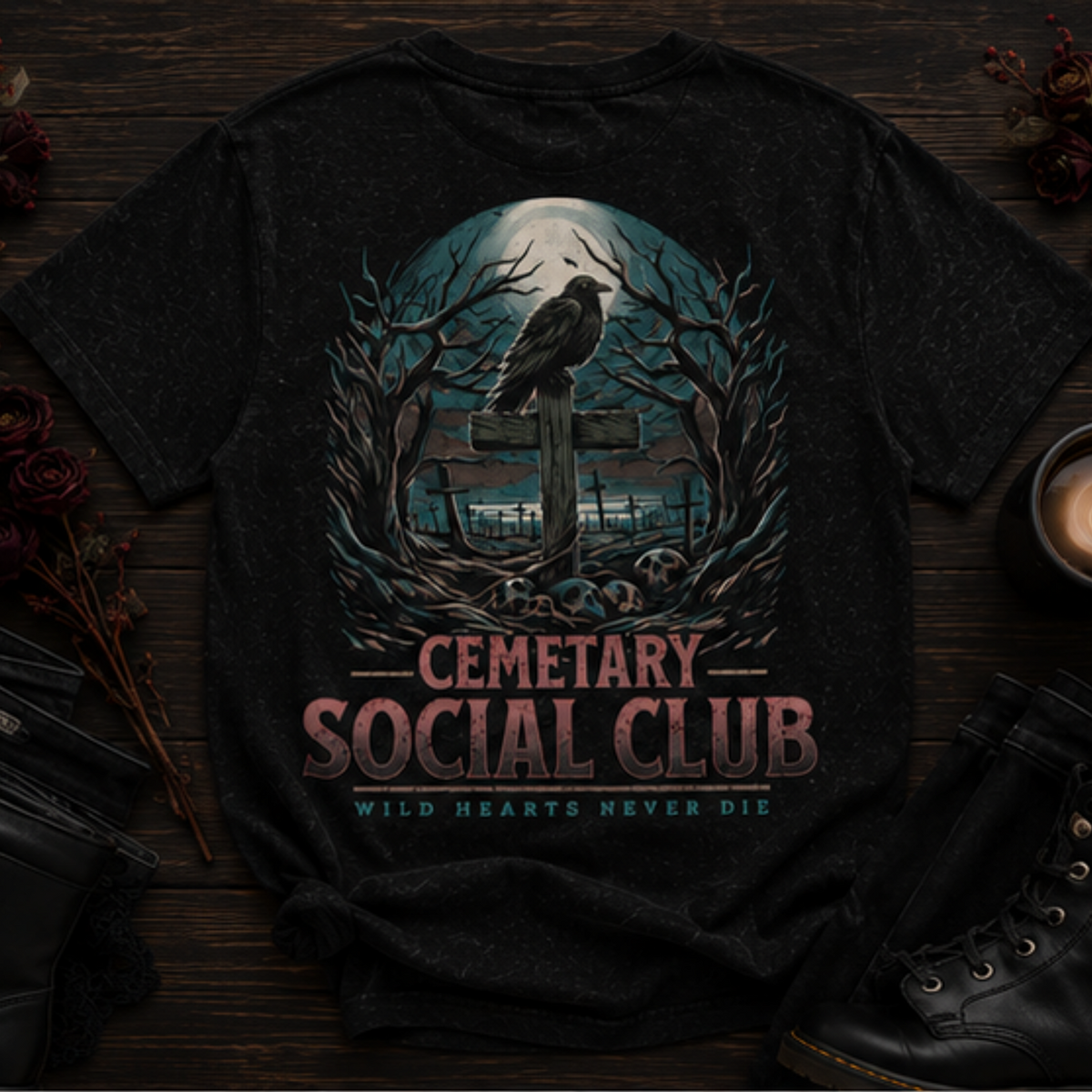 Cemetery Social Club Graphic Tee — Raven Moon Vintage Horror T-Shirt