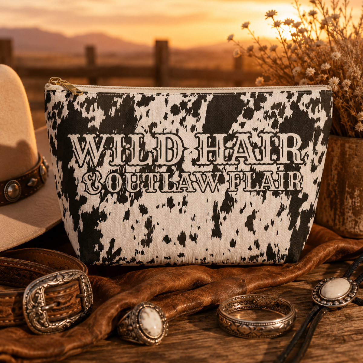 Accessory Pouch — Wild Hair Outlaw Flair Cowhide Makeup Bag