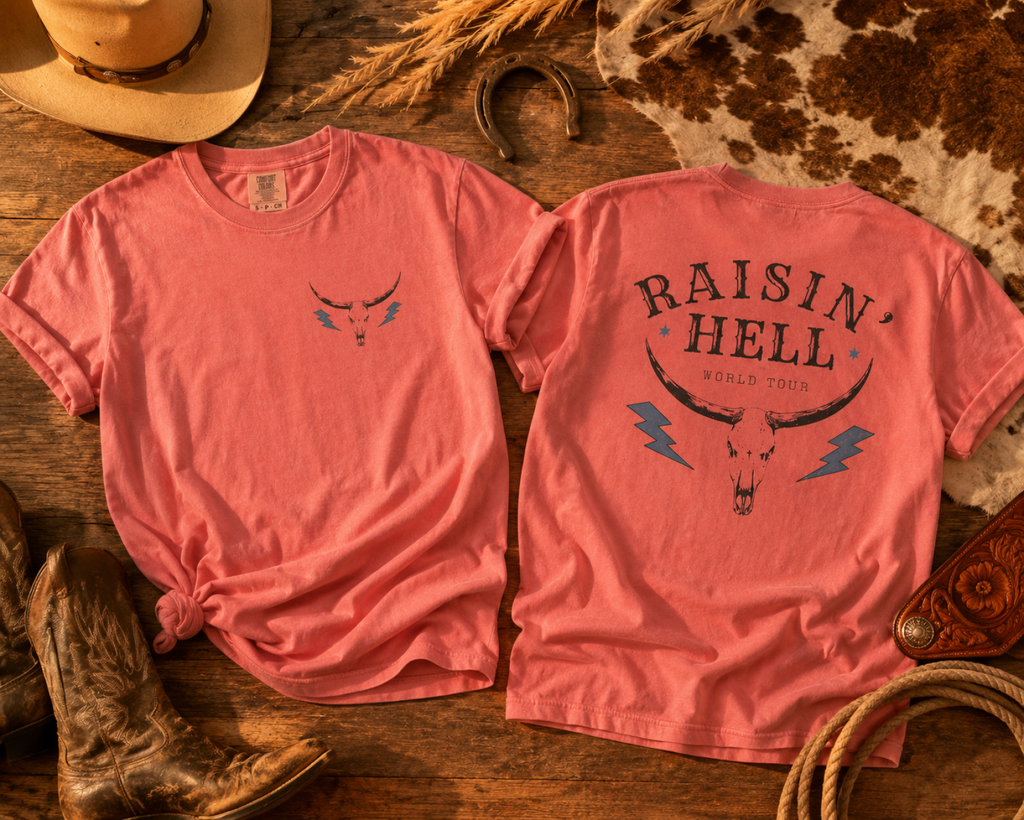 Raisin' Hell Skull Tee — Vintage Western Bull Skull T-Shirt (Front/Back)