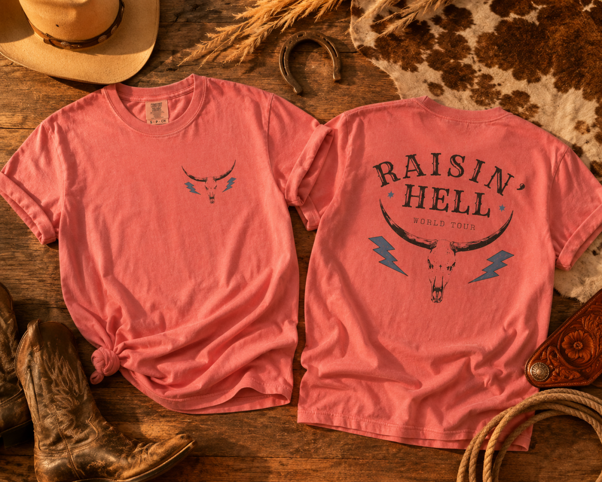 Raisin' Hell Skull Tee — Vintage Western Bull Skull T-Shirt (Front/Back)