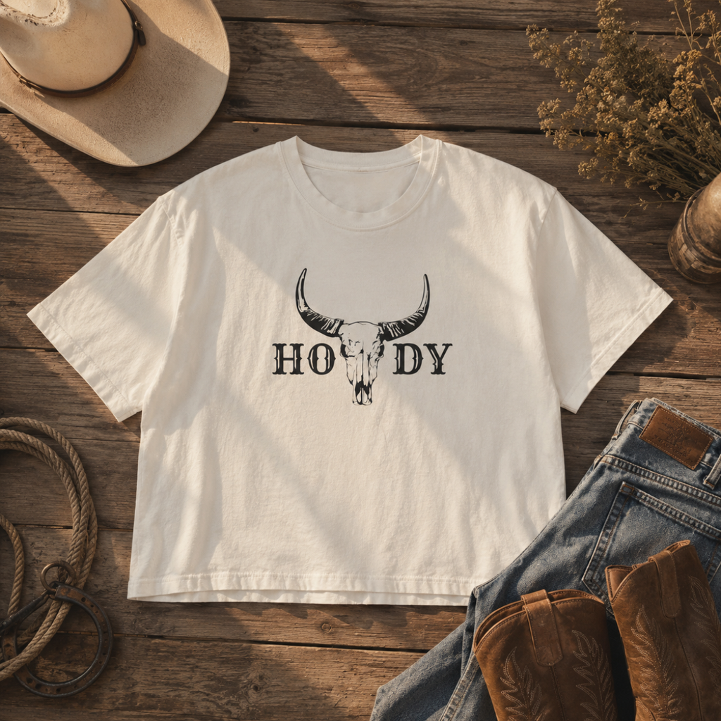 Howdy Skull Crop Tee — Women's Western Boxy T‑Shirt