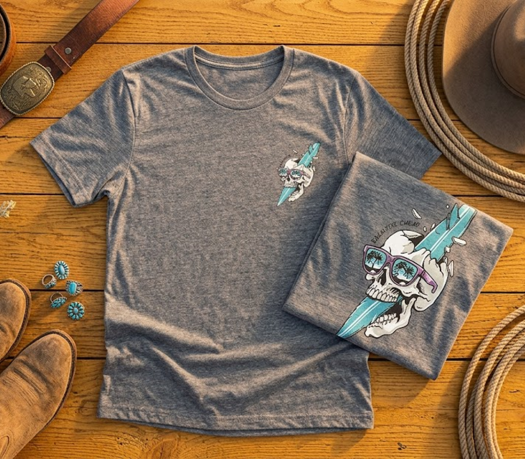 Skull Sunglasses Surfboard Tee — Retro Beach Skull Graphic T‑Shirt