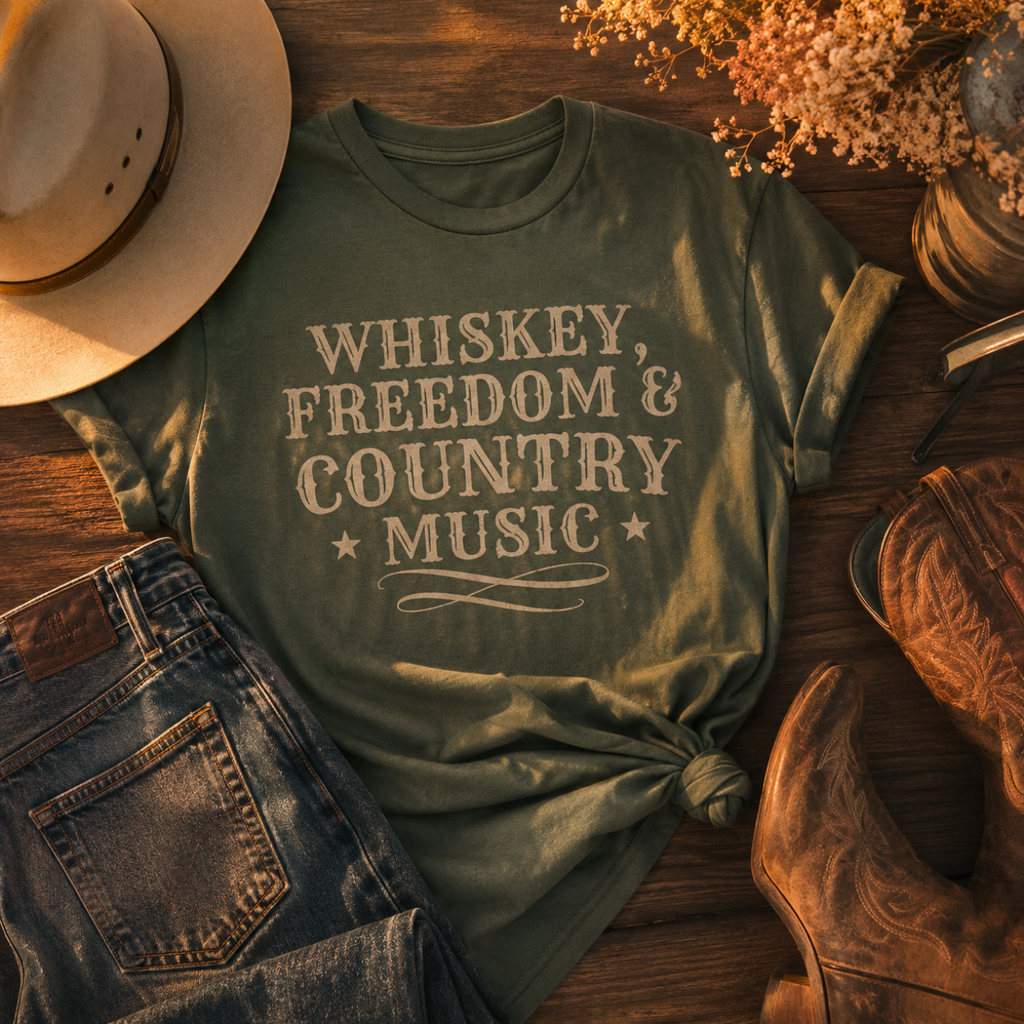 Country Music Graphic T-Shirt — "Whiskey, Freedom & Country Music" Tee