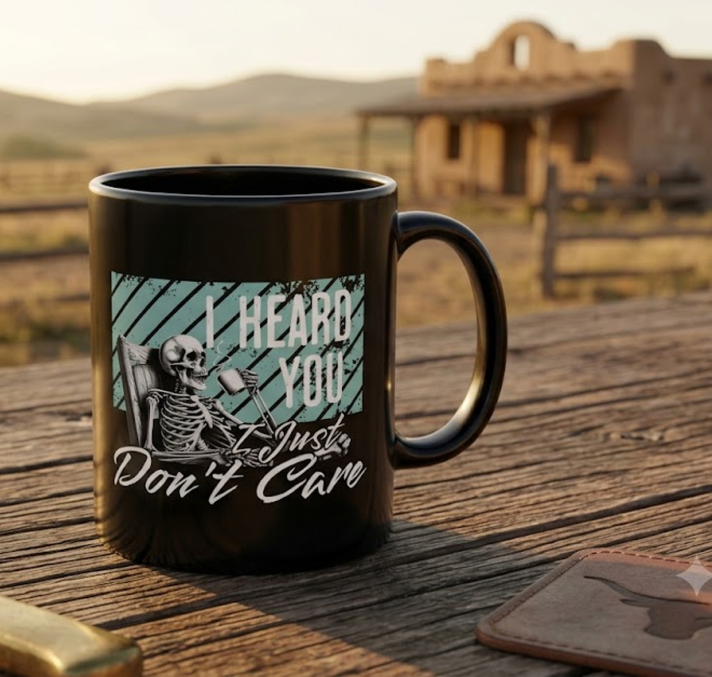 Black Ceramic Mug — "I Heard You I Just Don't Care" Skeleton Graphic (11oz/15oz)