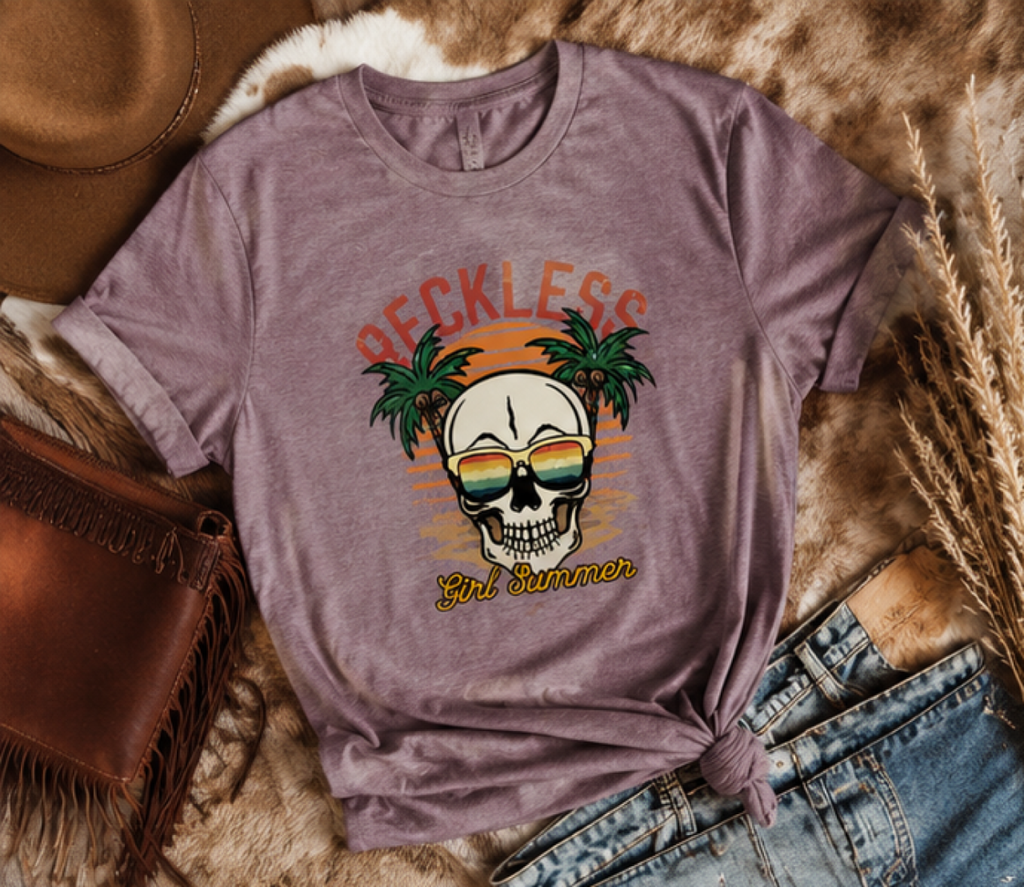 Reckless Summer Skull Tee – Retro Palm Beach Graphic T-Shirt