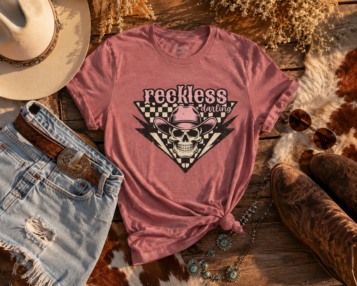 Reckless Darling Skull Tee — Retro Cowboy Skull Graphic T-Shirt