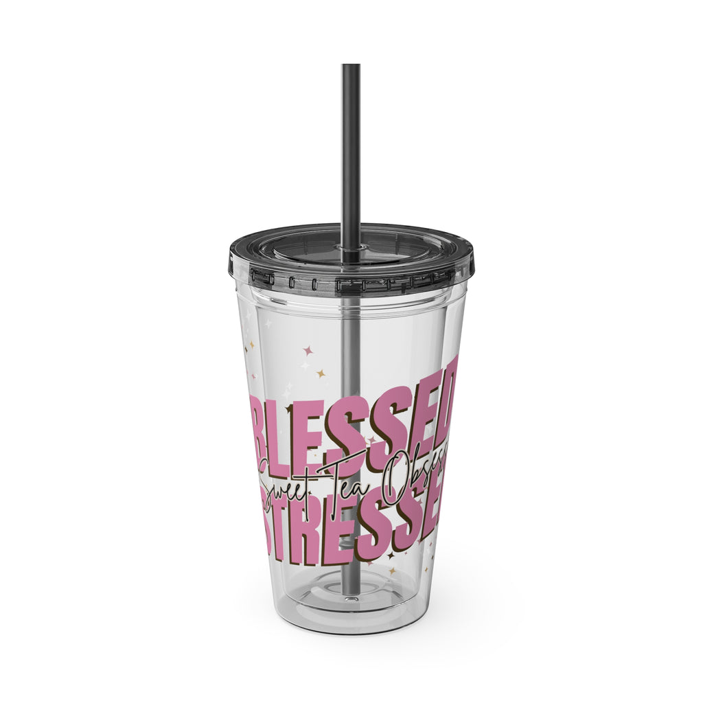Blessed & Stressed 16oz Tumbler with Straw – Clear Pink Script, Motivational Travel Cup