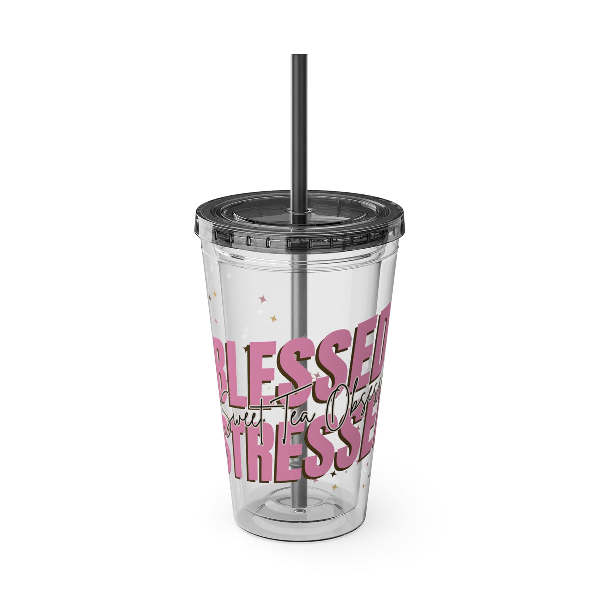 Blessed & Stressed 16oz Tumbler with Straw – Clear Pink Script, Motivational Travel Cup