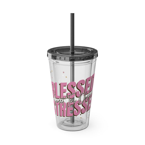 Blessed & Stressed 16oz Tumbler with Straw – Clear Pink Script, Motivational Travel Cup