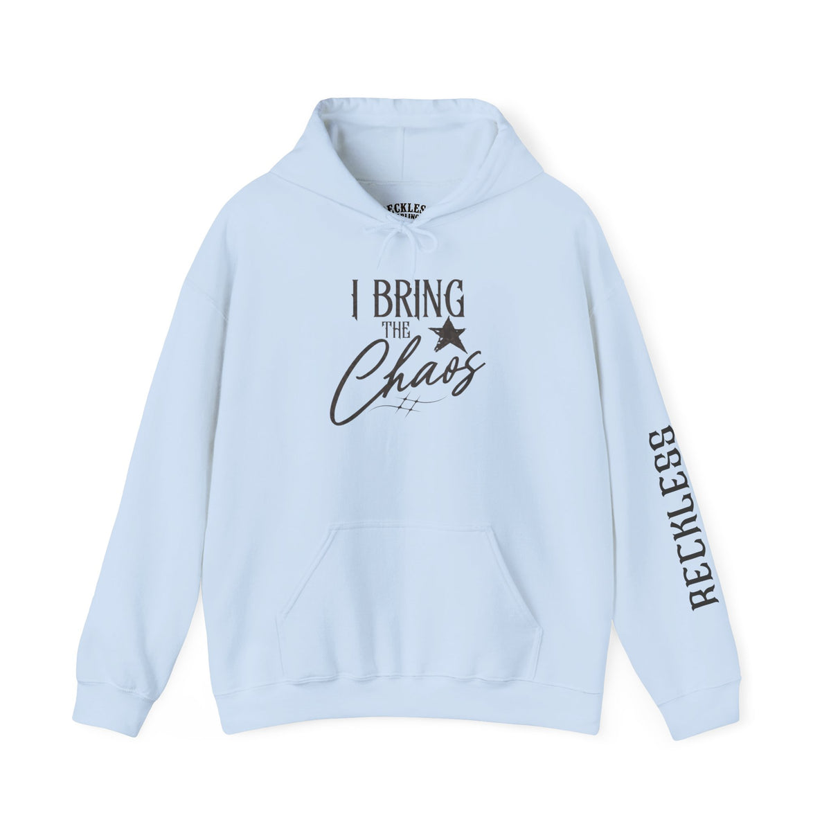 Chaos Hoodie - "I Bring The Chaos" Graphic Hooded Sweatshirt with Sleeve Text