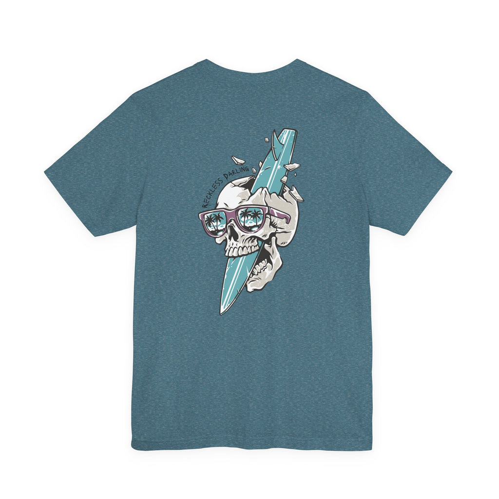 Skull Sunglasses Surfboard Tee — Retro Beach Skull Graphic T‑Shirt