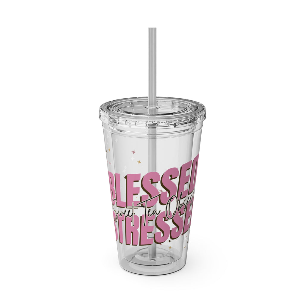 Blessed & Stressed 16oz Tumbler with Straw – Clear Pink Script, Motivational Travel Cup