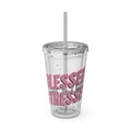 Blessed & Stressed 16oz Tumbler with Straw – Clear Pink Script, Motivational Travel Cup