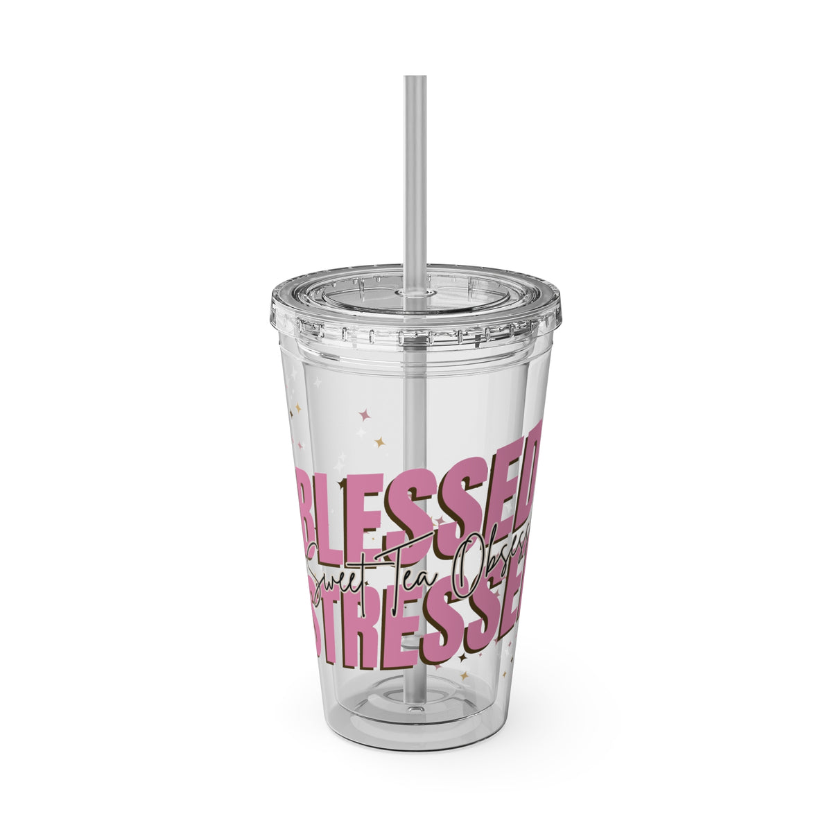 Blessed & Stressed 16oz Tumbler with Straw – Clear Pink Script, Motivational Travel Cup