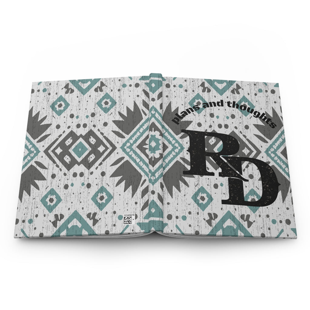 Hardcover Journal — 'Plans and Thoughts' Monogram Notebook with Teal Aztec Pattern