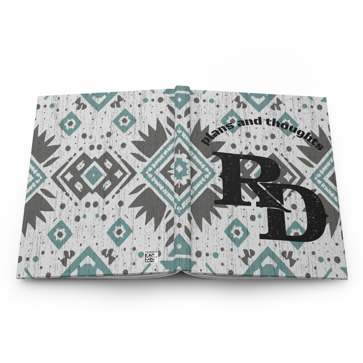 Hardcover Journal — 'Plans and Thoughts' Monogram Notebook with Teal Aztec Pattern
