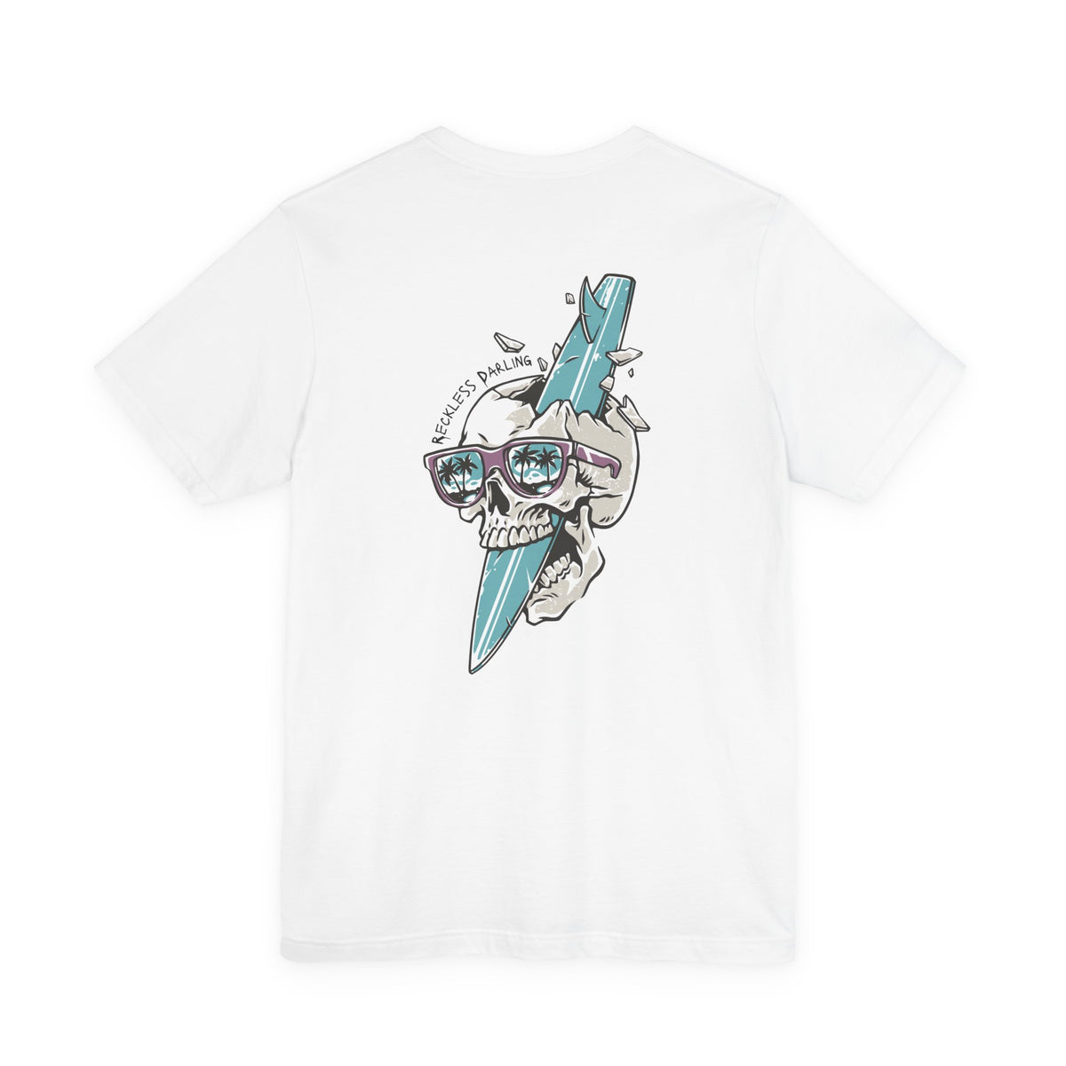 Skull Sunglasses Surfboard Tee — Retro Beach Skull Graphic T‑Shirt