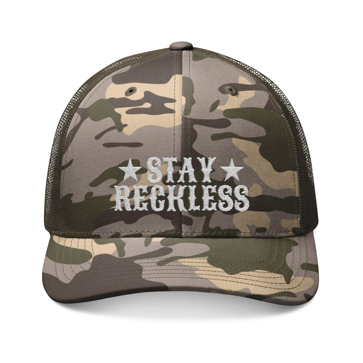 Camouflage Trucker Hat – Embroidered “Stay Reckless” Military Camo Cap