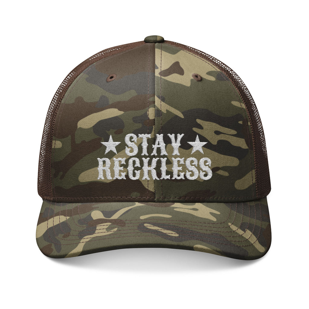 Camouflage Trucker Hat – Embroidered “Stay Reckless” Military Camo Cap