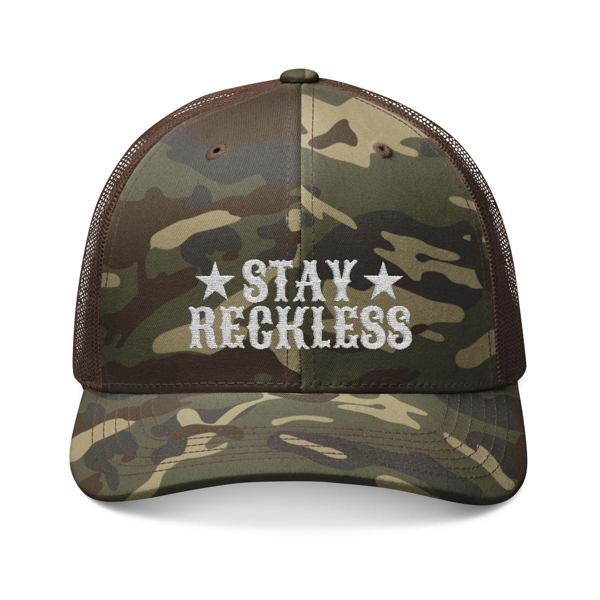 Camouflage Trucker Hat – Embroidered “Stay Reckless” Military Camo Cap