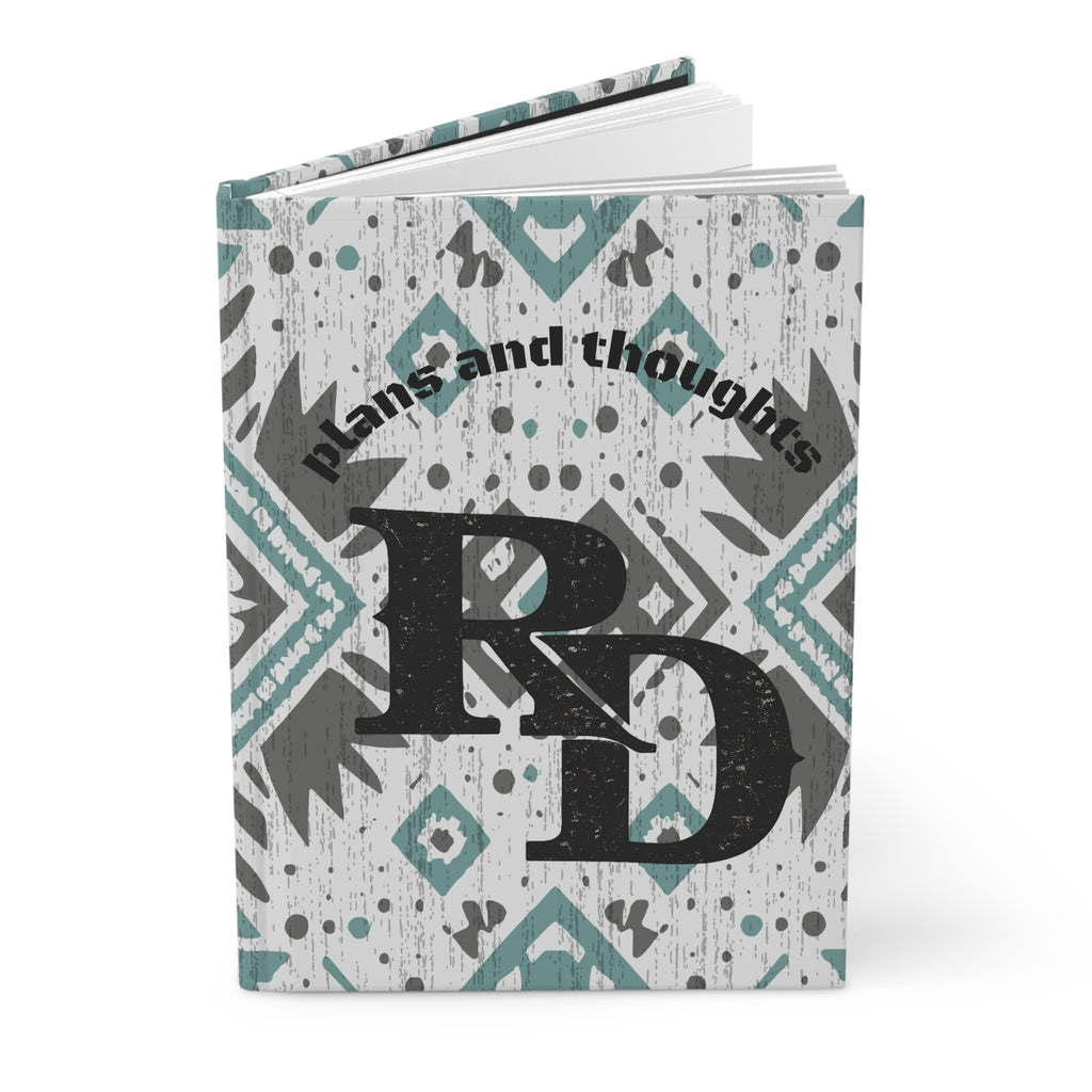 Hardcover Journal — 'Plans and Thoughts' Monogram Notebook with Teal Aztec Pattern